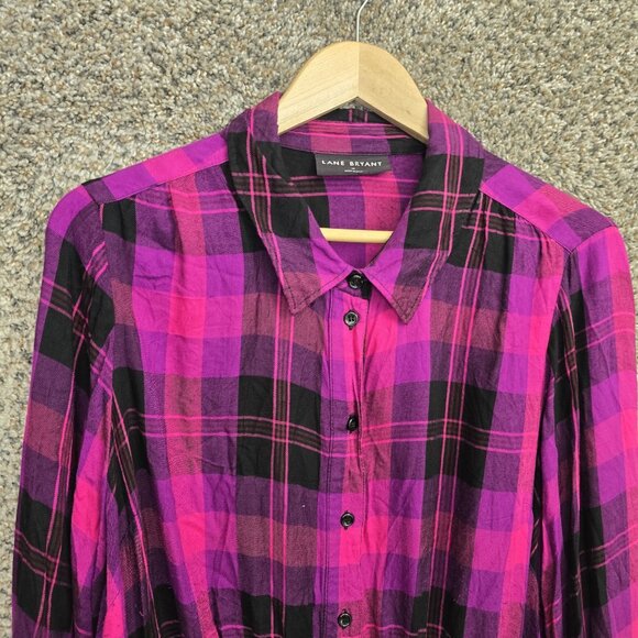 Lane Bryant‎ Top Womens Plus 18 Purple Plaid Button Up Blouse Elastic Waist - Picture 4 of 7